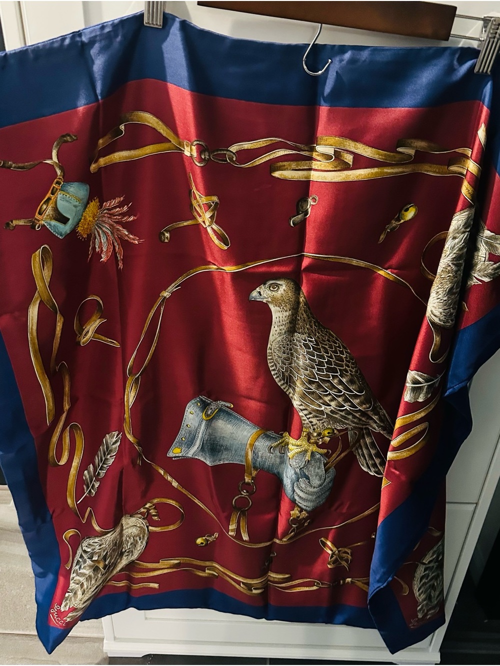 Vintage double sided Gucci Red Blue Silk Scarf with Falcon and Equestrian Motif